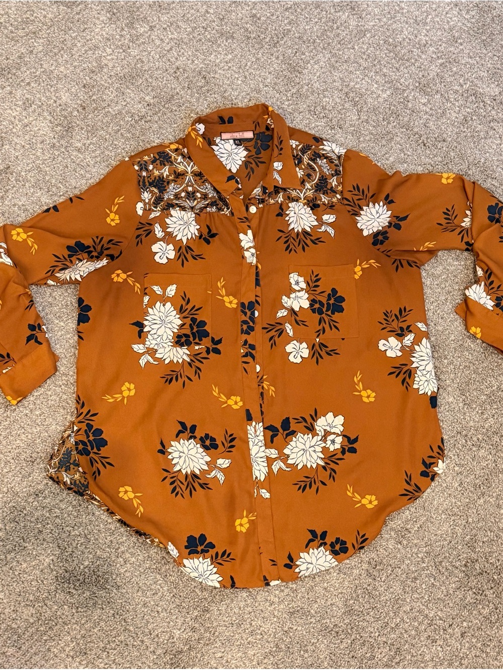 Olive Hill Rust Floral Button Front Blouse Mixed Print Roll Tab Sleeve XL